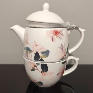 Indigo Marquise Floral Tea For One With Stainless Infuser Ceramic Teapot